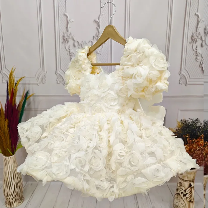 Krem Gül Desenli  + Ayakkabı seti Kısa Kol Elbise Abiye Elbise Gelinlik