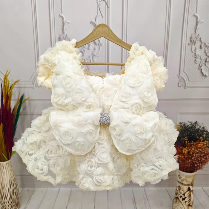 Krem Gül Desenli  + Ayakkabı seti Kısa Kol Elbise Abiye Elbise Gelinlik