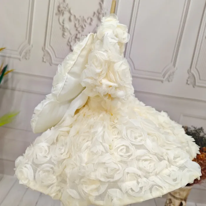 Krem Gül Desenli  + Ayakkabı seti Kısa Kol Elbise Abiye Elbise Gelinlik