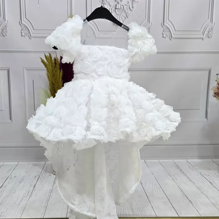 Kız Çocuk Beyaz Kuyruklu Şeffaf Gül Desenli Kısa Balon Kol Elbise Abiye