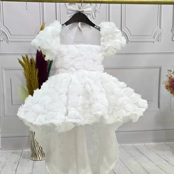 Kız Çocuk Beyaz Kuyruklu Şeffaf Gül Desenli Kısa Balon Kol Elbise Abiye