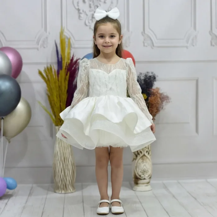 Kız Çocuk Krem Parıltılı Saten Gren Uzun Kol Parıltılı Elbise