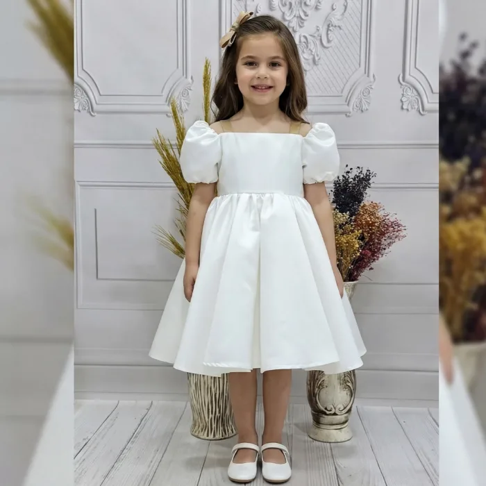 Kız Çocuk Krem Saten Askılı Elbise