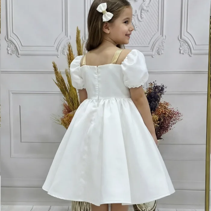 Kız Çocuk Krem Saten Askılı Elbise