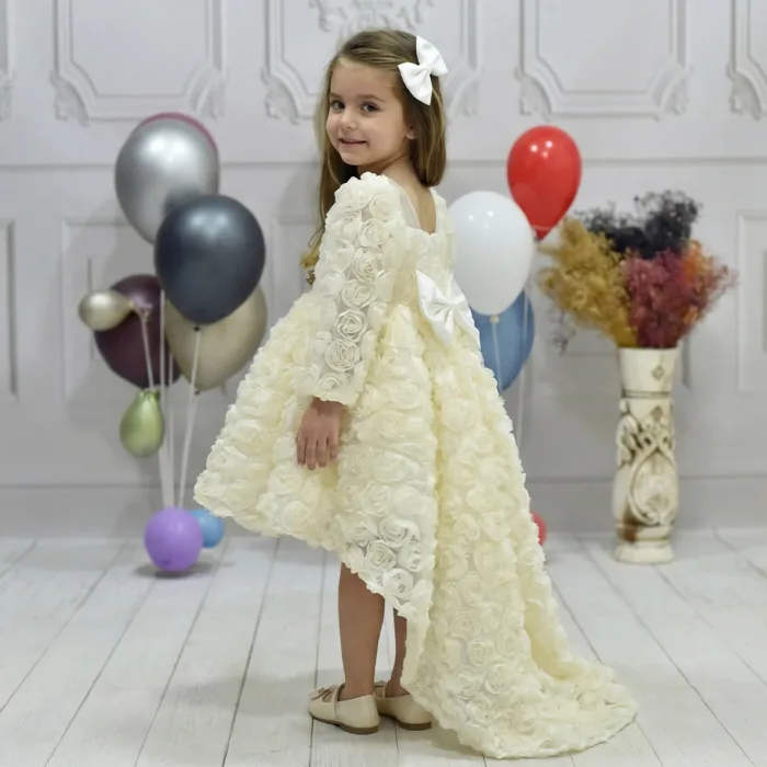 Kız Çocuk Krem Şeffaf Gül Desenli Kuyruklu Elbise Abiye