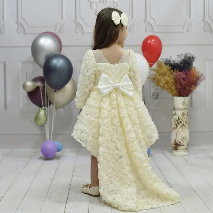 Kız Çocuk Krem Şeffaf Gül Desenli Kuyruklu Elbise Abiye