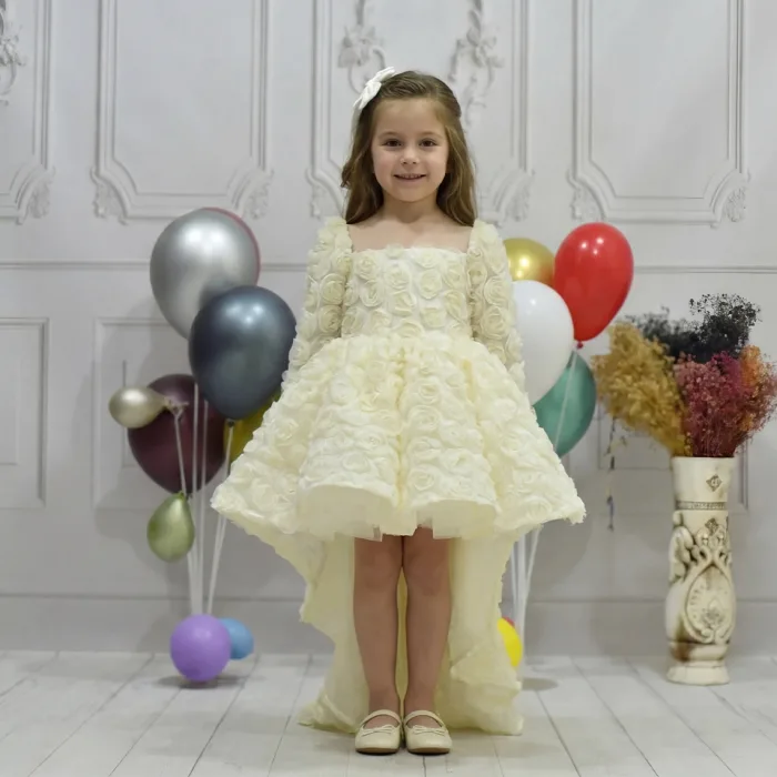 Kız Çocuk Krem Şeffaf Gül Desenli Kuyruklu Elbise Abiye