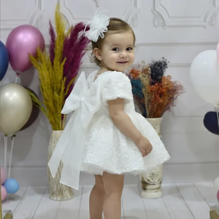 Kız Çocuk Krem Taşlı Boncuklu Kabarık Kısa Balon Kol Parıltılı Elbise