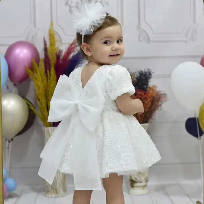 Kız Çocuk Krem Taşlı Boncuklu Kabarık Kısa Balon Kol Parıltılı Elbise