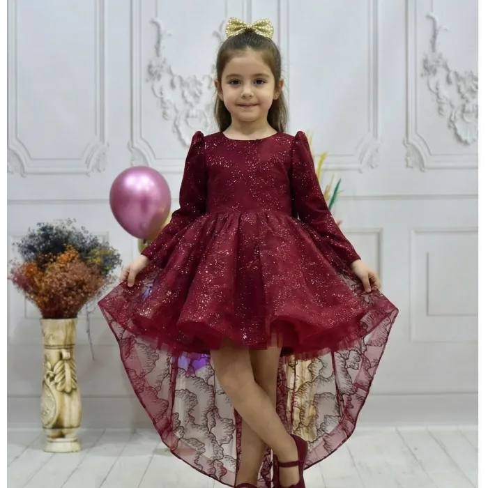 Kız Çocuk Kuyruklu Bordo Kabarık Elbise
