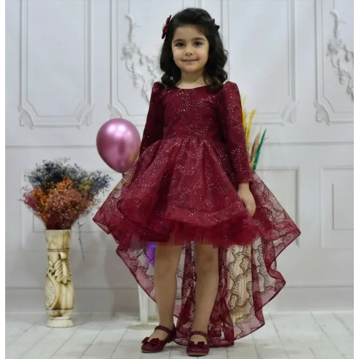 Kız Çocuk Kuyruklu Bordo Kabarık Elbise