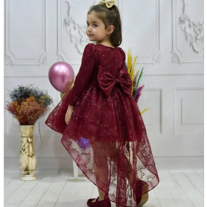 Kız Çocuk Kuyruklu Bordo Kabarık Elbise