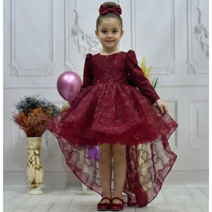 Kız Çocuk Kuyruklu Bordo Kabarık Elbise