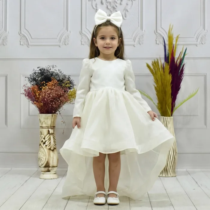 Krem Kuyruklu Organze Krem Kabarık Elbise Gelinlik