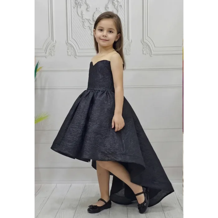 Kız Çocuk Kuyruklu Siyah Saten Parıltılı Kabarık Elbise