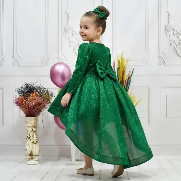Kız Çocuk Kuyruklu Zümrüt Yeşili Kabarık Elbise