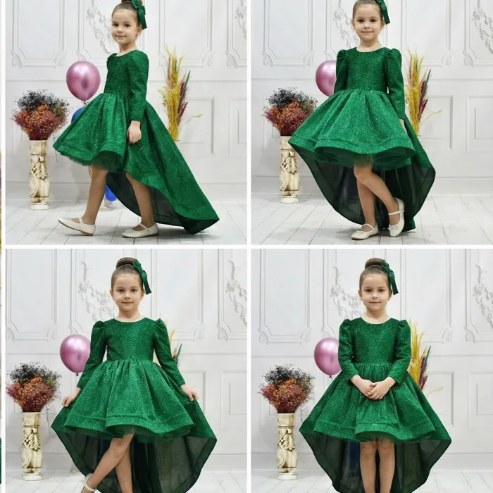 Kız Çocuk Kuyruklu Zümrüt Yeşili Kabarık Elbise