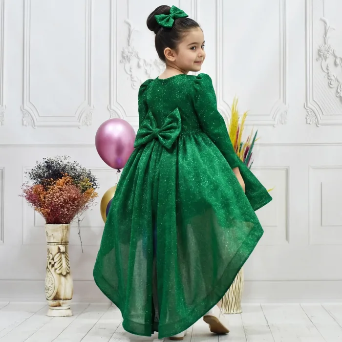 Kız Çocuk Kuyruklu Zümrüt Yeşili Kabarık Elbise