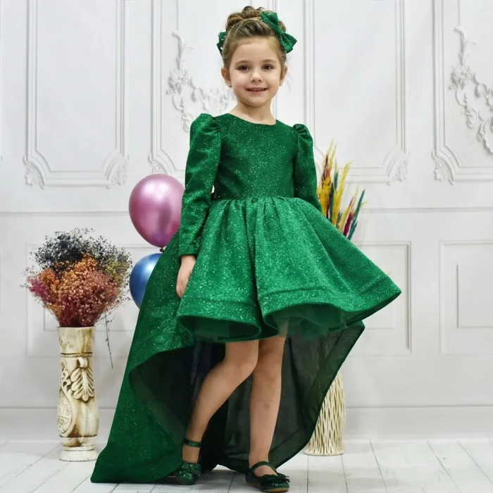 Kız Çocuk Kuyruklu Zümrüt Yeşili Kabarık Elbise