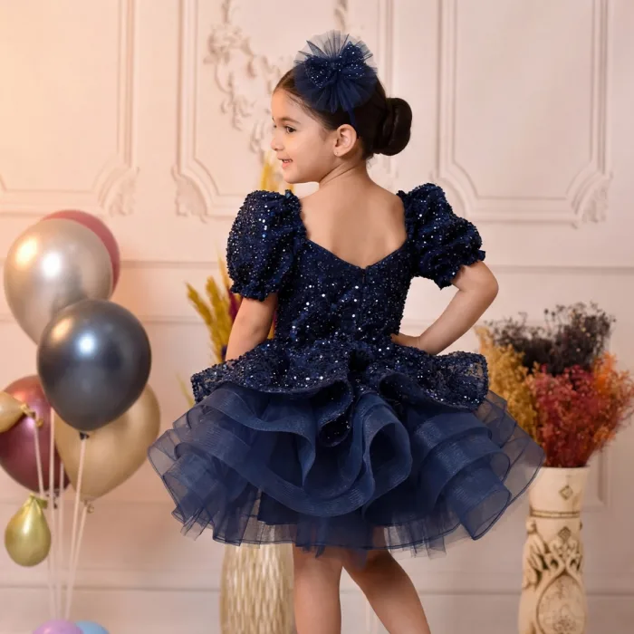 Kız Çocuk Lacivert Boncuklu Payetli Grenli Kalp Detaylı Kabarık Elbise