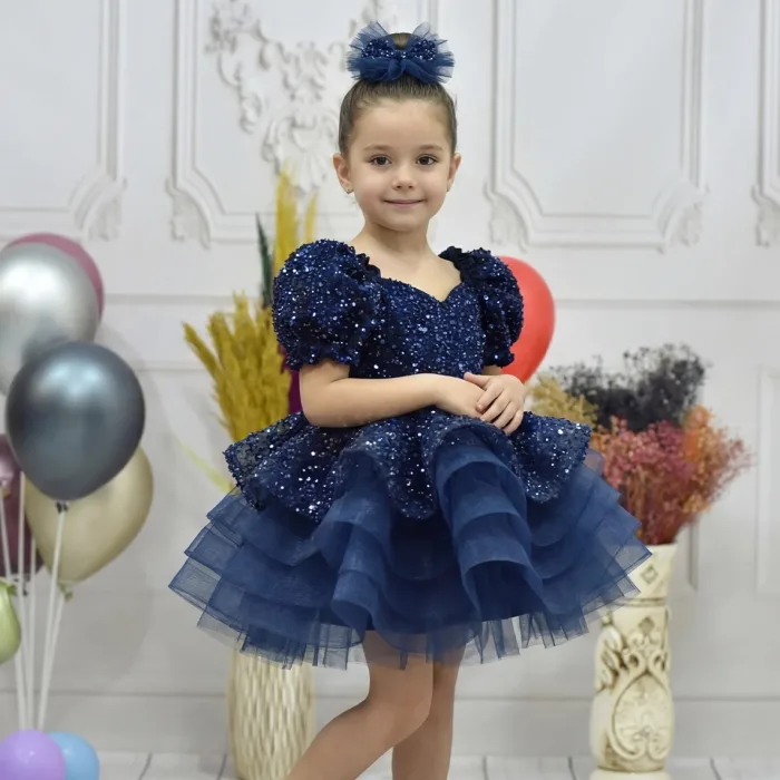 Kız Çocuk Lacivert Boncuklu Payetli Grenli Kalp Detaylı Kabarık Elbise