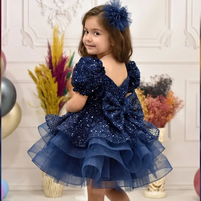 Kız Çocuk Lacivert Boncuklu Payetli Grenli Kalp Detaylı Kabarık Elbise