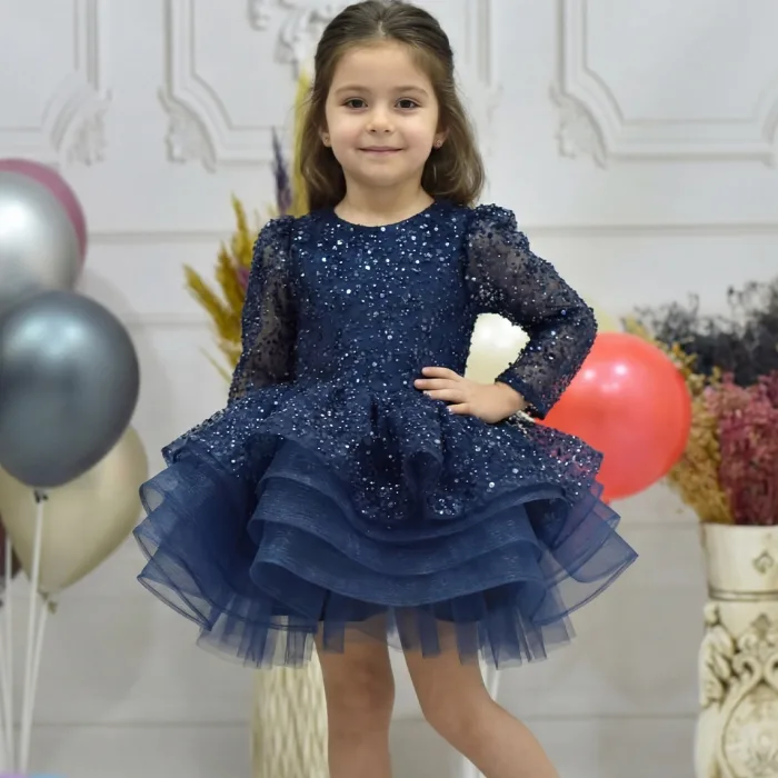 Kız Çocuk Lacivert Boncuklu Payetli Kabarık Elbise