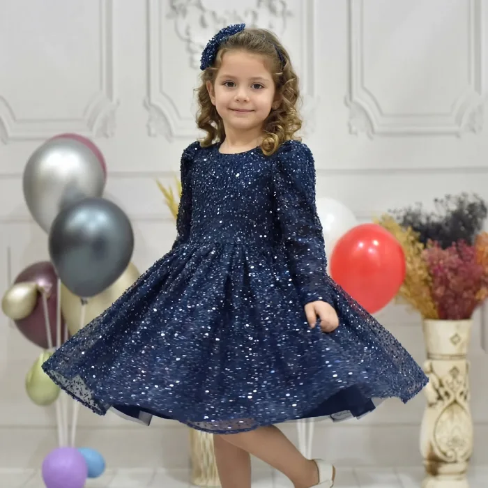 Kız Çocuk Lacivert Boncuklu Payetli Kabarık Elbise