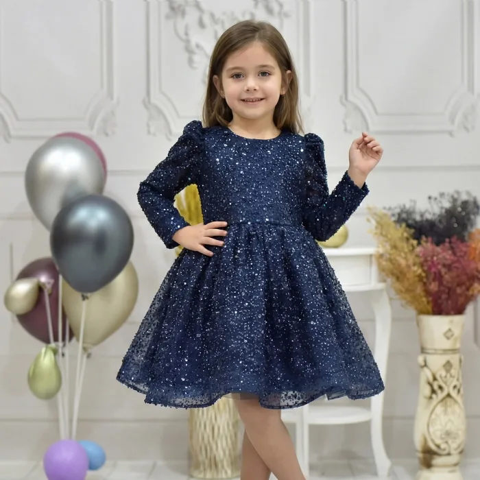 Kız Çocuk Lacivert Boncuklu Payetli Kabarık Elbise