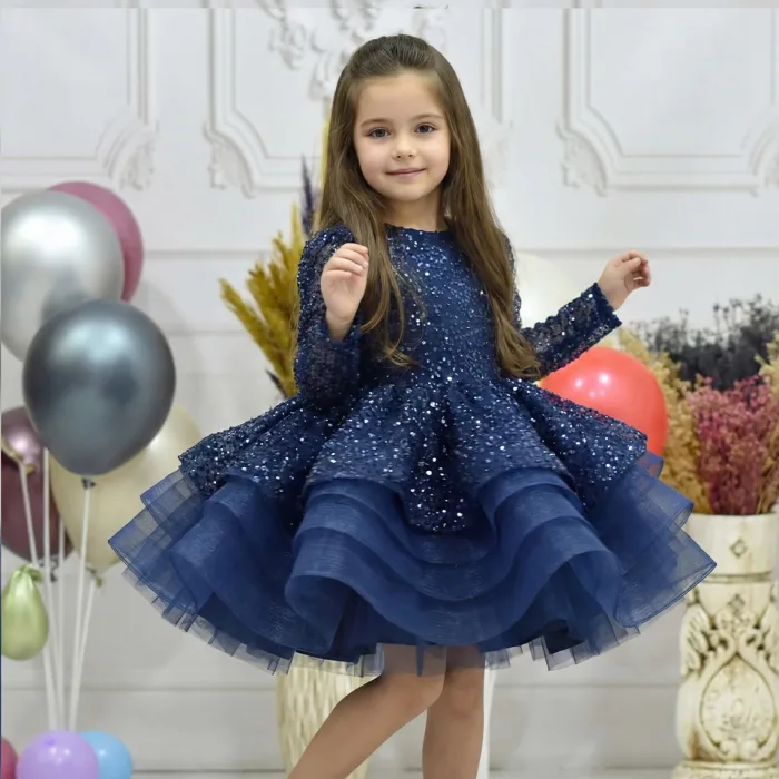 Kız Çocuk Lacivert Boncuklu Payetli Kabarık Elbise