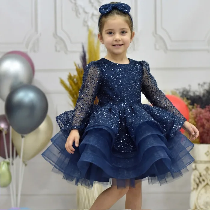 Kız Çocuk Lacivert Boncuklu Payetli Kabarık Elbise