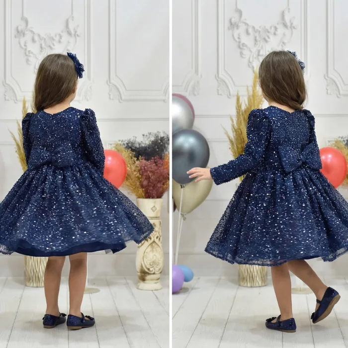 Kız Çocuk Lacivert Boncuklu Payetli Kabarık Elbise