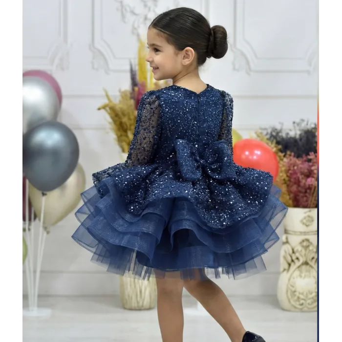 Kız Çocuk Lacivert Boncuklu Payetli Kabarık Elbise