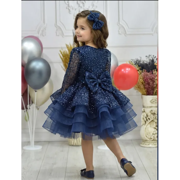 Kız Çocuk Lacivert Boncuklu Payetli Kabarık Elbise