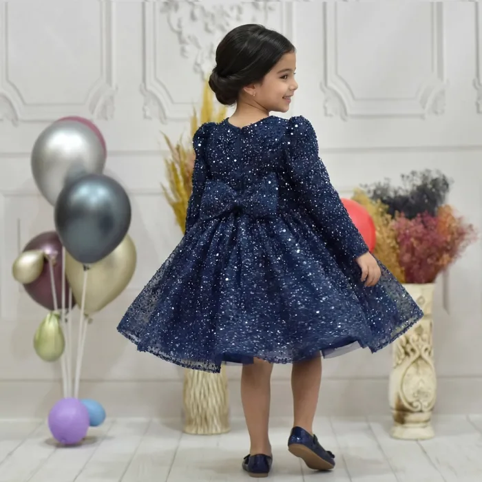 Kız Çocuk Lacivert Boncuklu Payetli Kabarık Elbise