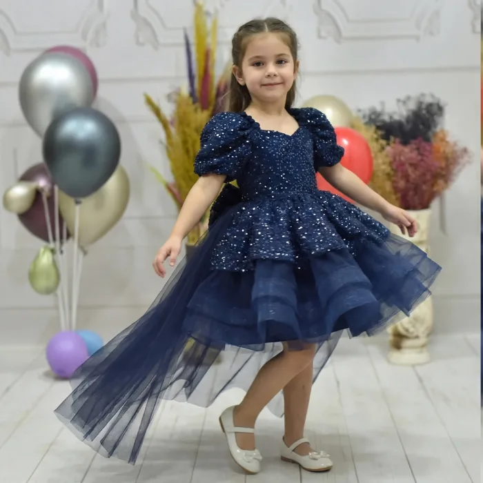 Kız Çocuk Lacivert Boncuklu Payetli Kuyruklu Kabarık Elbise