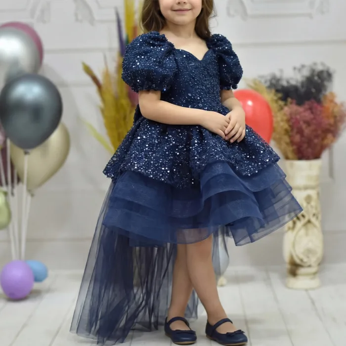 Kız Çocuk Lacivert Boncuklu Payetli Kuyruklu Kabarık Elbise
