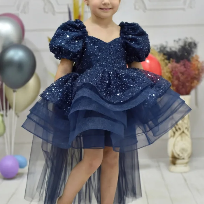 Kız Çocuk Lacivert Boncuklu Payetli Kuyruklu Kabarık Elbise