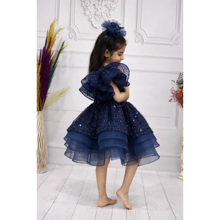 Kız Çocuk Lacivert Boncuklu Payetli Taşlı Tek Omuz Abiye Elbise