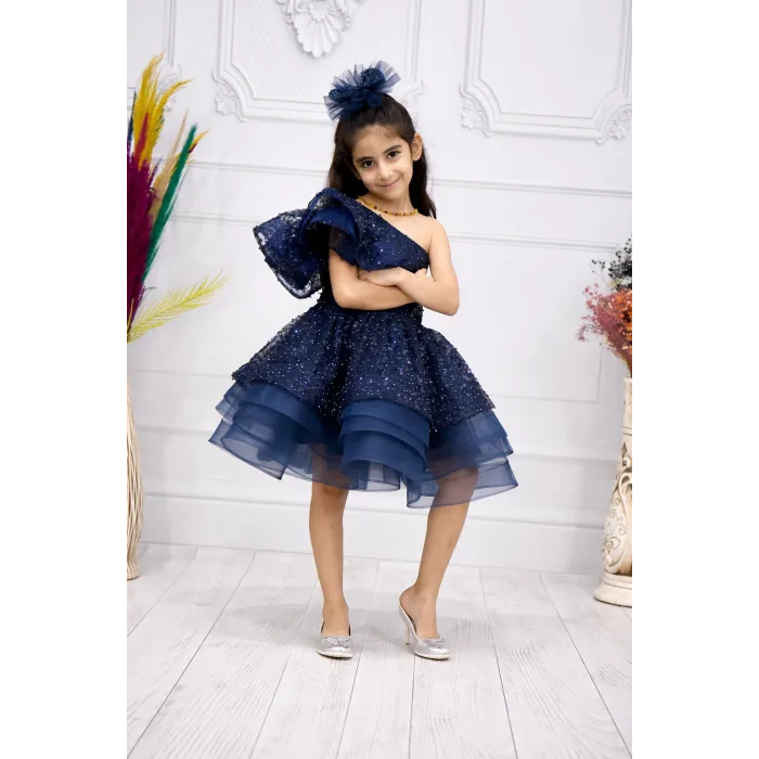 Kız Çocuk Lacivert Boncuklu Payetli Taşlı Tek Omuz Abiye Elbise