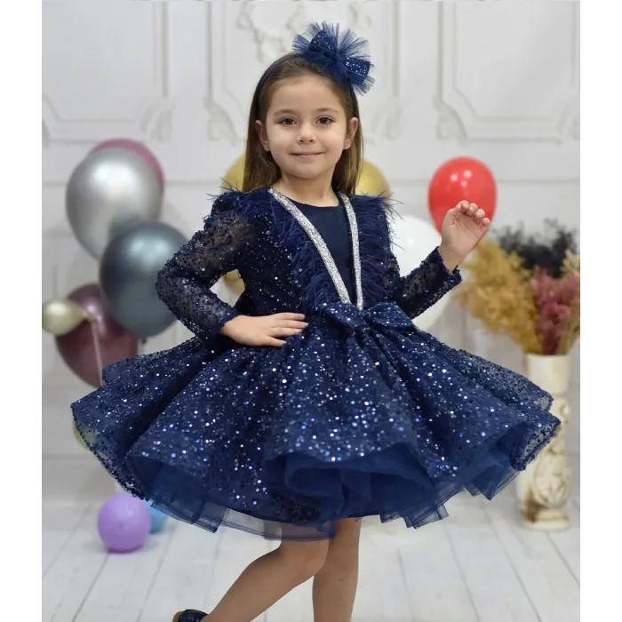 Kız Çocuk Lacivert Boncuklu Payetli Yakası Taş İşlemeli Dekolteli Kabarık Elbise