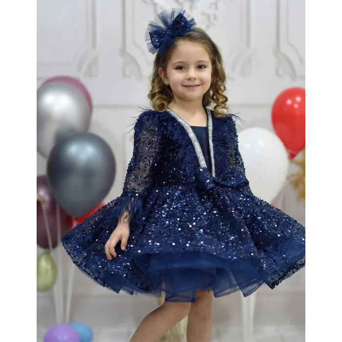 Kız Çocuk Lacivert Boncuklu Payetli Yakası Taş İşlemeli Dekolteli Kabarık Elbise