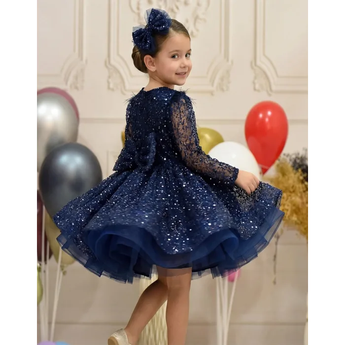 Kız Çocuk Lacivert Boncuklu Payetli Yakası Taş İşlemeli Dekolteli Kabarık Elbise