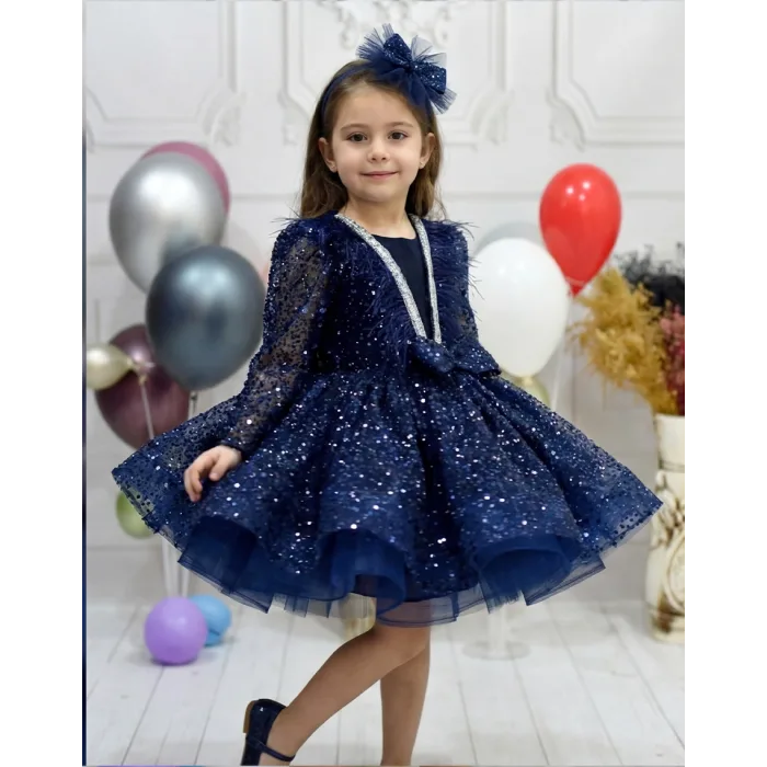 Kız Çocuk Lacivert Boncuklu Payetli Yakası Taş İşlemeli Dekolteli Kabarık Elbise