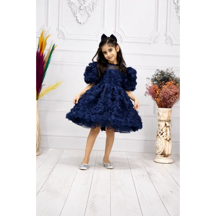 Kız Çocuk Lacivert Gül 3D Detaylı Kabarık Elbise Abiye Gelinlik