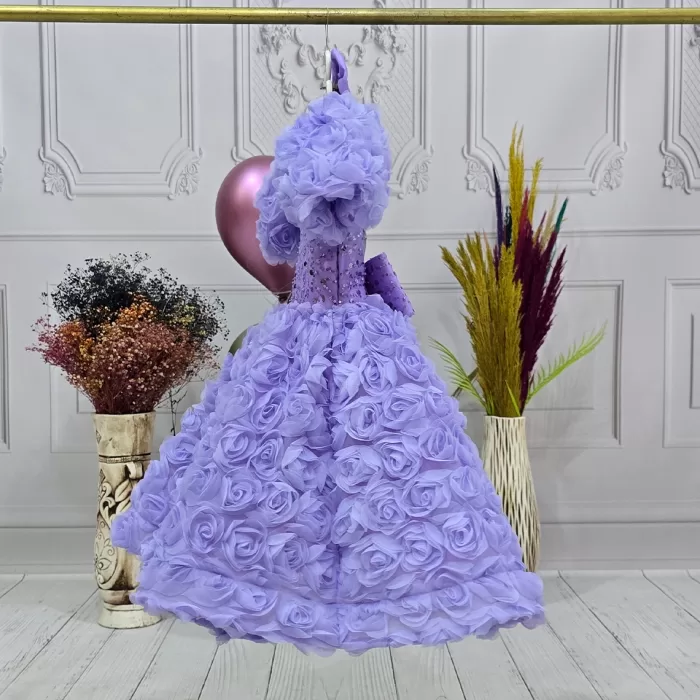 Kız Çocuk Lila Gül Desenli ve Boncuklu Kısa Balon Kol