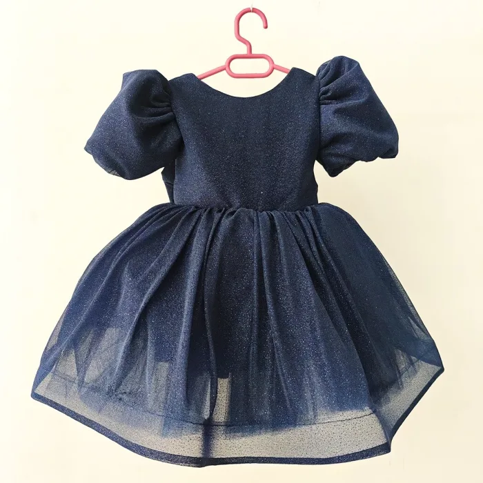 Lacivert Flok Kabarık Elbise