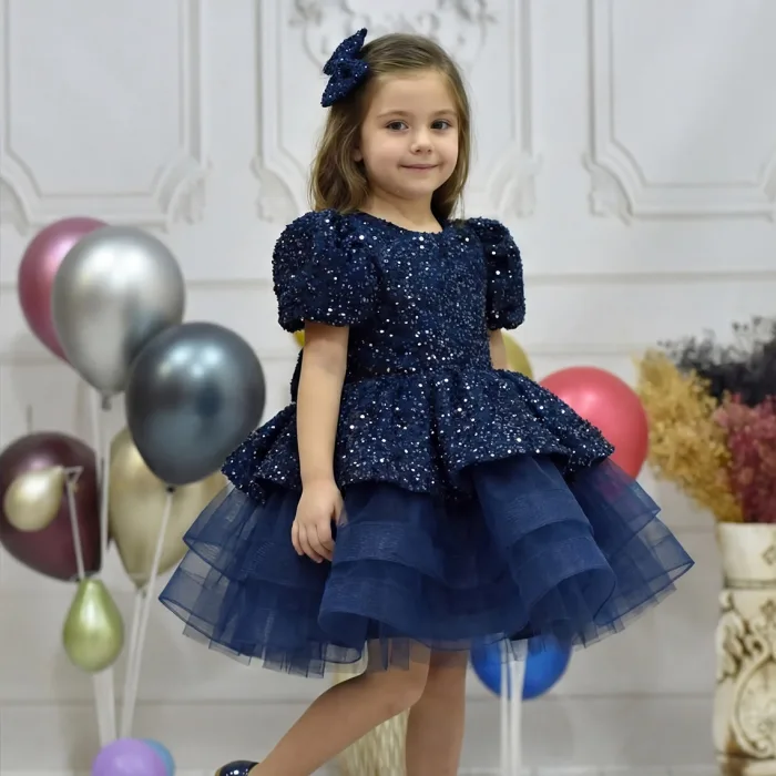 Kız Çocuk Lacivert Kısa Balon Kol Taşlı Boncuklu Elbise