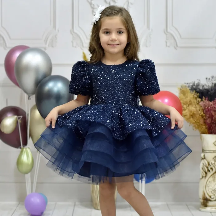 Kız Çocuk Lacivert Kısa Balon Kol Taşlı Boncuklu Elbise
