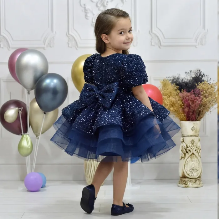 Kız Çocuk Lacivert Kısa Balon Kol Taşlı Boncuklu Elbise